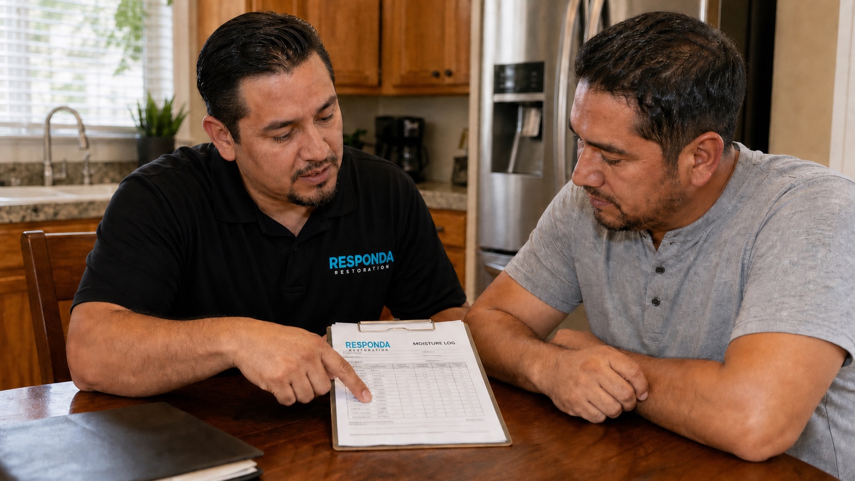 Responda technician reviewing a moisture log with a homeowner