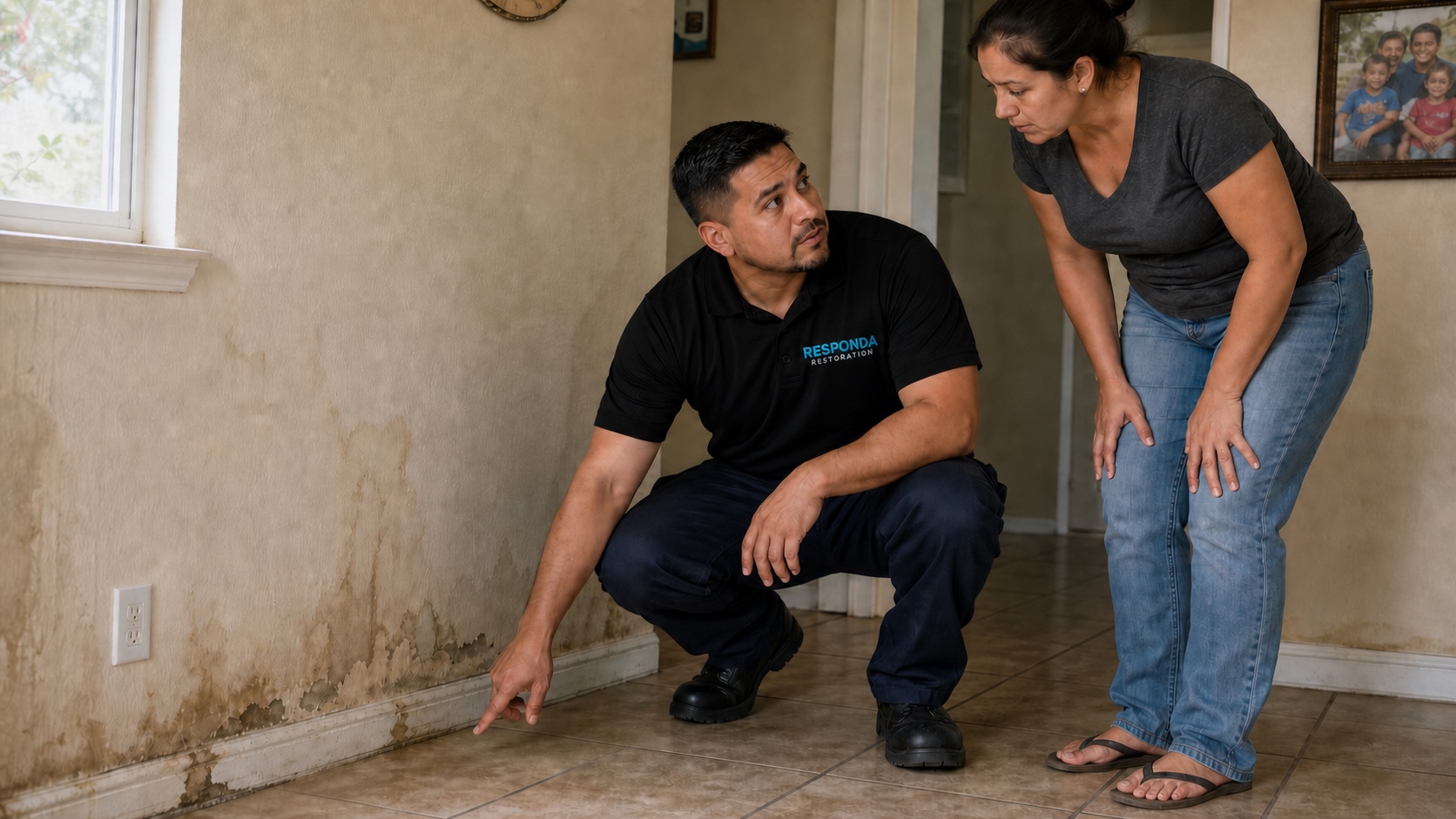 Responda technician explaining baseboard water damage to a homeowner