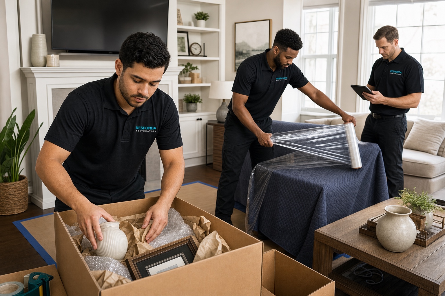 Three Responda technicians in black uniforms carefully wrapping furniture, packing decorations, and inventorying contents during a residential pack-out