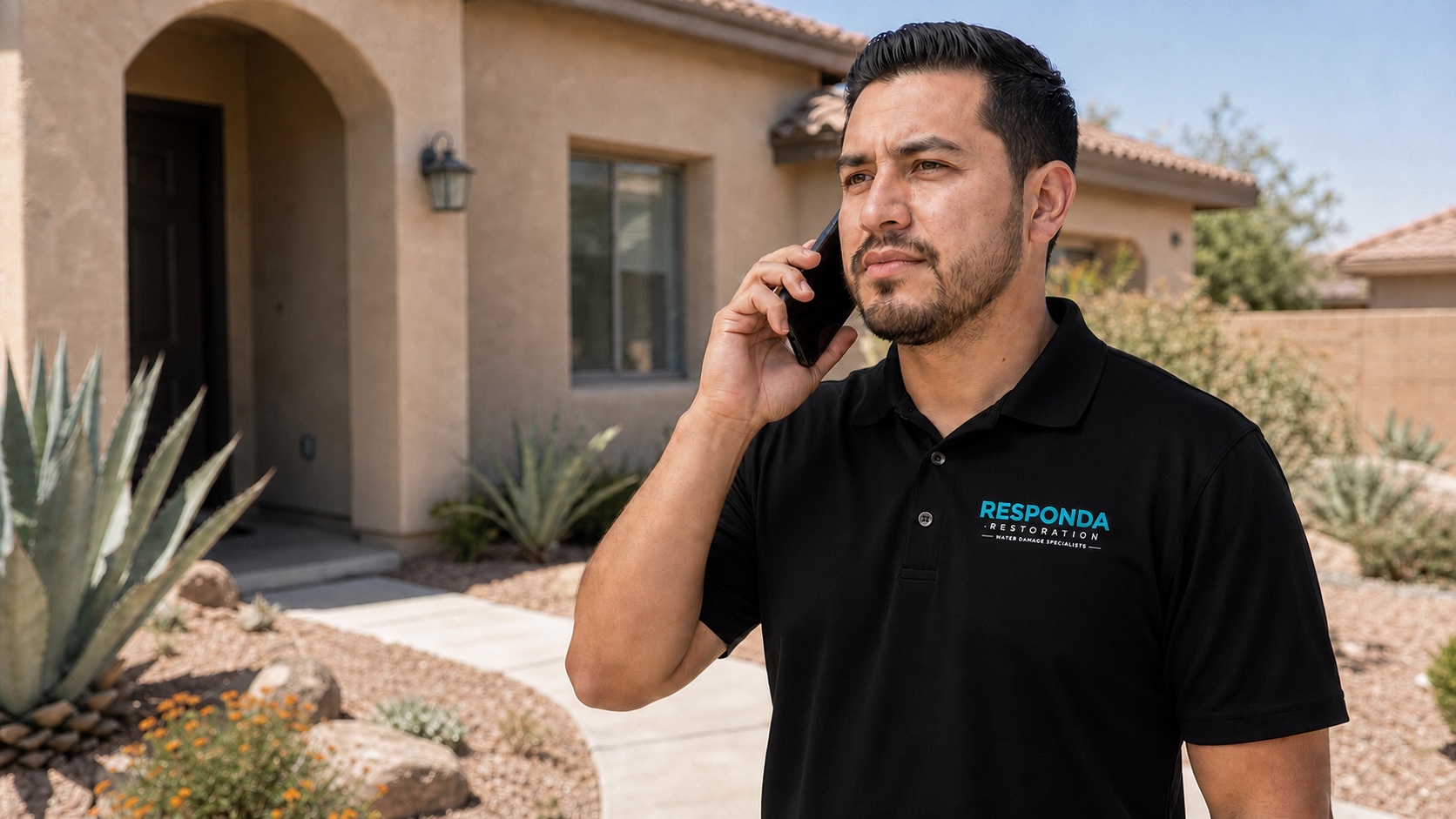 Responda technician speaking by phone outside an Imperial Valley home